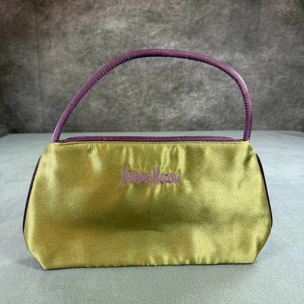 Neiman Marcus Green Satin Evening Bag Purple Handle Small Handbag Chartreuse